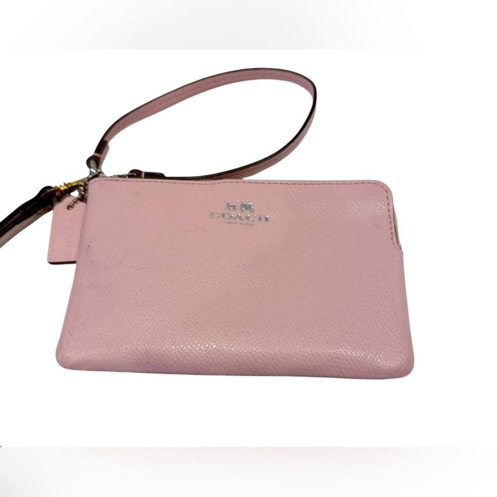 Coach Cross Grain Corner Zip Leather Wristlet Wallet Pink Logo 6” X 4”